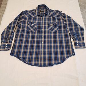 Wrangler Western Shirt Mens Blue Stripes Pearl Snap Bottom Flannel Cowboy Sz XXL